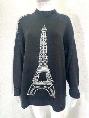 Sz L Karl Lagerfeld Black White Eiffel Tower Sweater Oversized Runway Mock Neck
